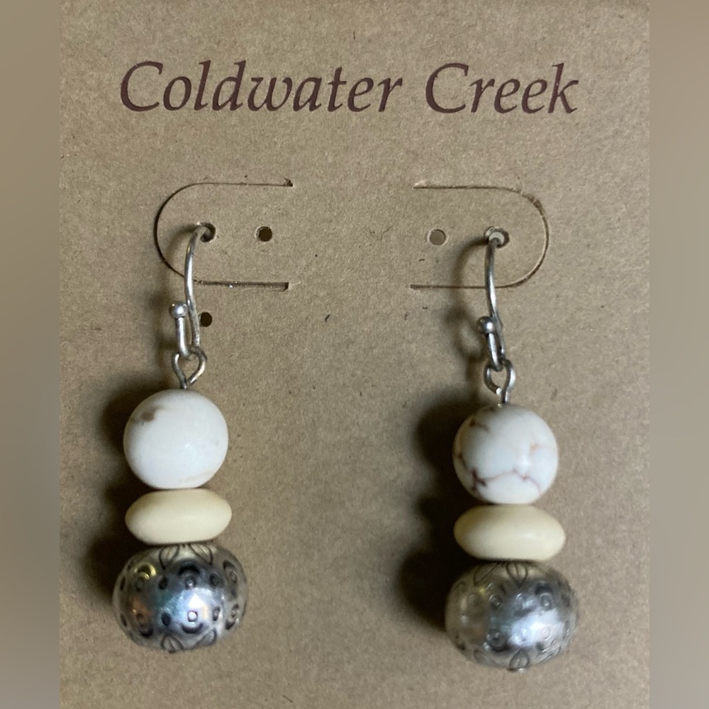 COLDWATER CREEK Dangling Natural Stone & Silver Tone Ball Earrings NWT!